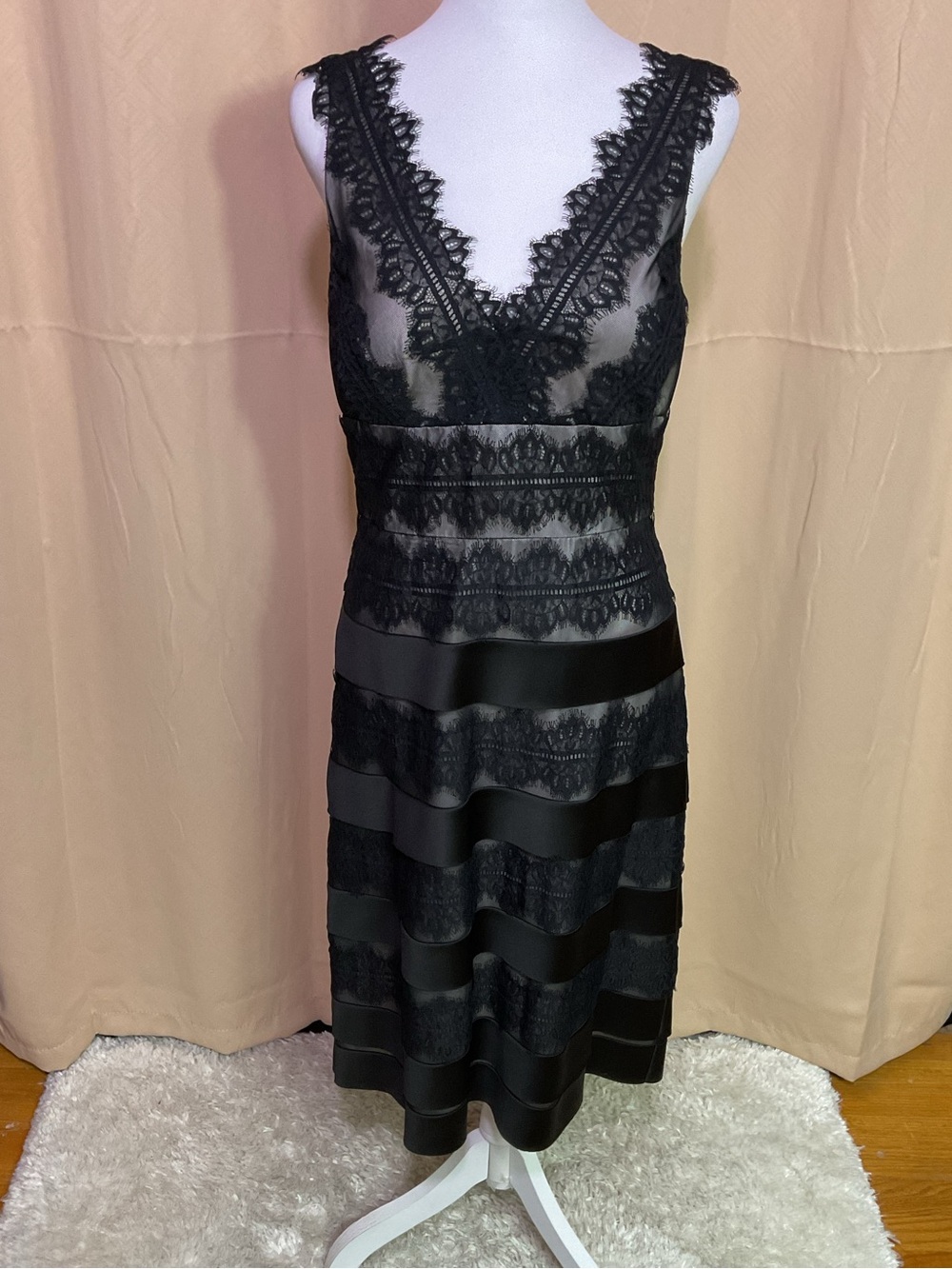 JS Collections Black Tiered Lace & Satin Cocktail Dress